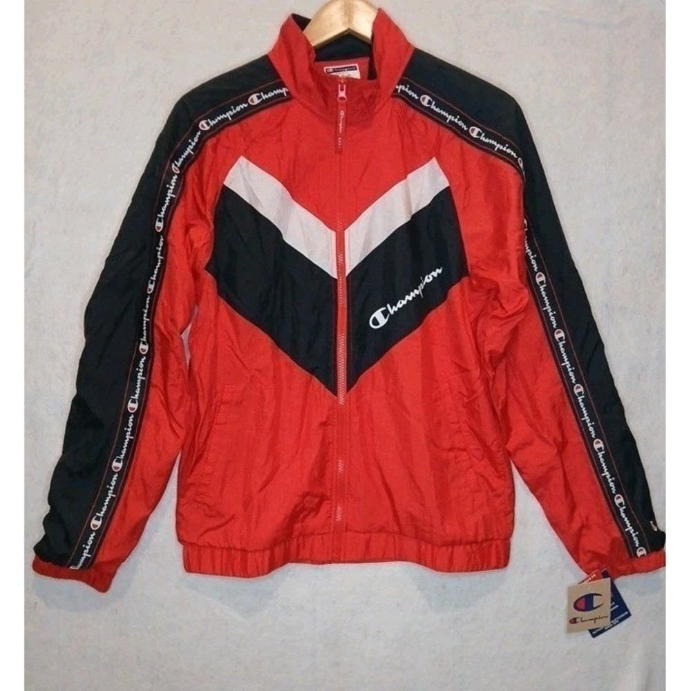 Champion Mens Small Red Black Windbreaker 90s Track Jacket Streetwear NWT - Picture 2 of 14